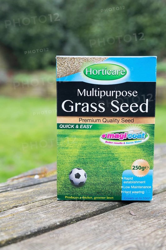 Close up packet of Horticare Multipurpose Grass Seed for lawns, UK
