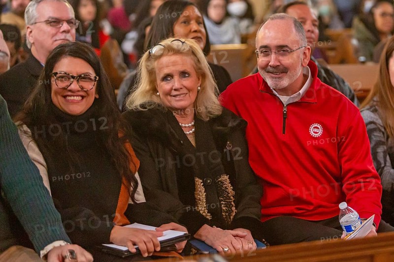 Detroit, Michigan USA, 15 January 2024, At the Martin Luther King Day rally for jobs, peace and justice were (from left) Congresswoman Rashida Tlaib, Congresswoman, Debbie Dingell, and United Auto Workers President Shawn Fain