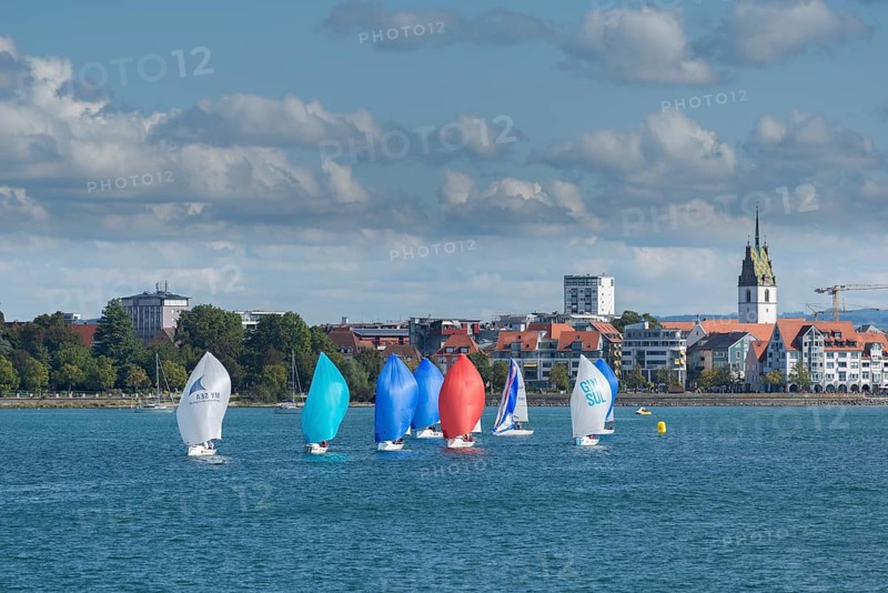 Cityscape, dinghies with spinnaker, church tower, St. Nicholas Church, Friedrichshafen on Lake Constance, Baden-Württemberg, Germany, Europe
