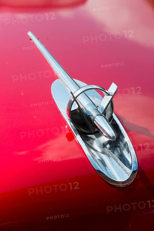 A shiny chrome radiator grille on the bonnet of a red classic car, detail Buick Eight, Ilsede, Peine district, Lower Saxony, Germany, Europe