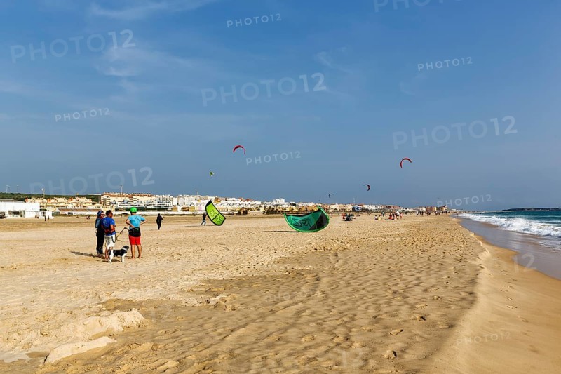 Sandy beach beach Playa de los Lances, kitesurfers and walkers, Tarifa, Strait of Gibraltar, Costa de la Luz, Andalusia, Spain, Europe