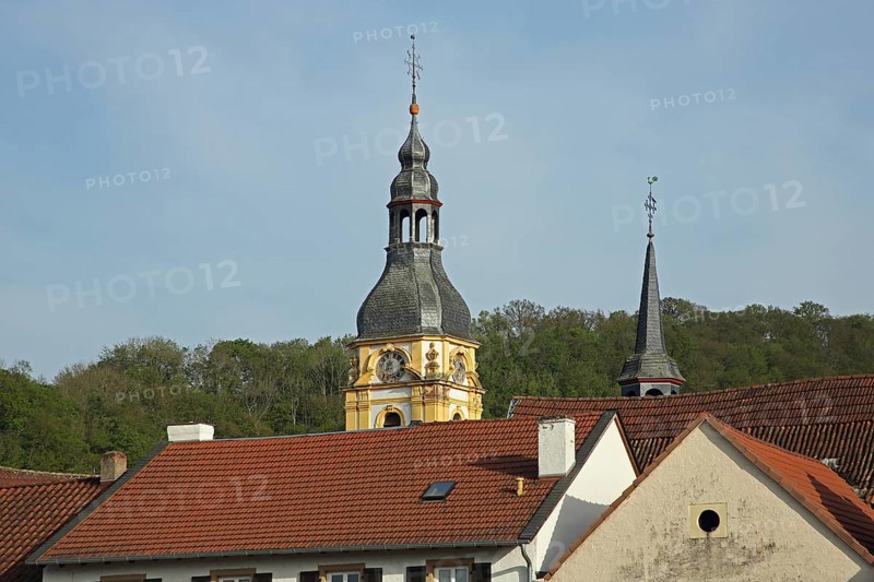 Tower of St Anthony of Padua Church and town hall, roofs, spire, Meisenheim, Rhineland-Palatinate, Germany, Europe