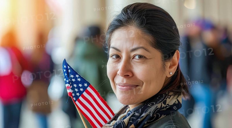 A patriot woman holding American USA flag and smiling while voting in local elections, AI generated