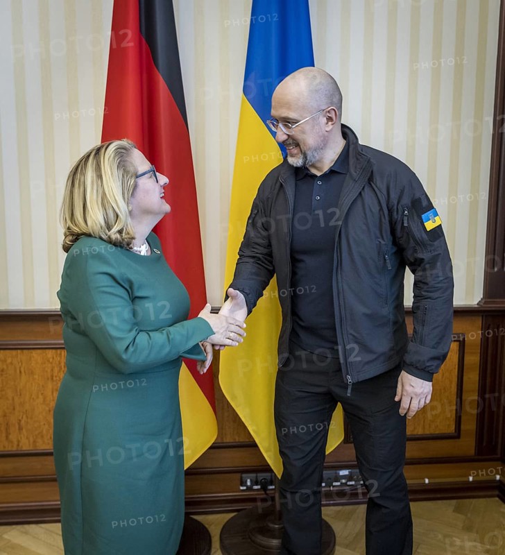 Svenja Schulze (SPD), Federal Minister for Economic Cooperation and Development, pictured during her trip to Ukraine. Here a meeting with Prime Minister Denys Schmyhal. 'Photographed on behalf of the Federal Ministry for Economic Cooperation and Development'