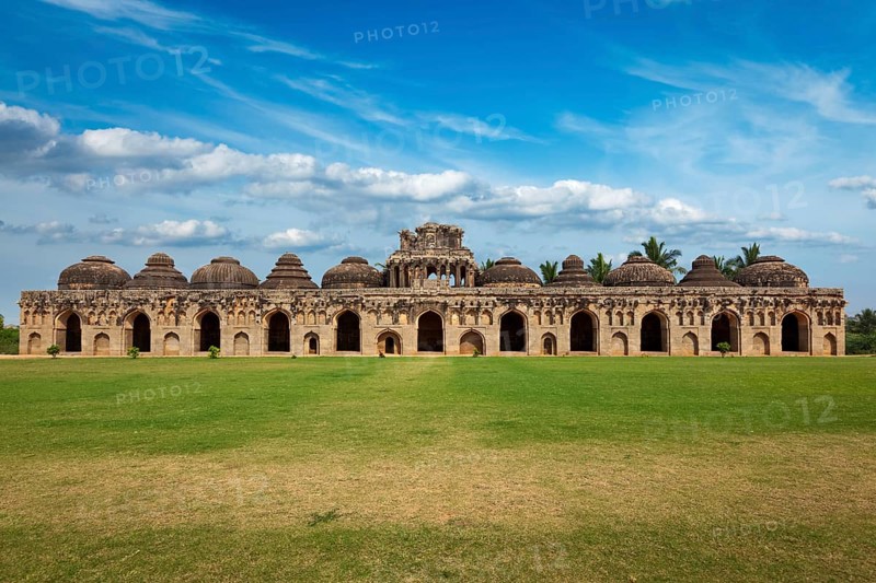 Ancient ruins of Elephant Stables, Royal Centre. Hampi, Karnataka, India. Stitched panorama