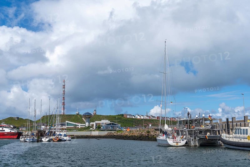 View from south-east to harbour facilities, Unterland and Oberland, offshore island Helgoland, blue sky, North Sea, district Pinneberg, Schleswig-Holstein, Germany, Europe