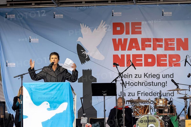 Sahra Wagenknecht, founder of the BSW (Alliance Sahra Wagenknecht, Reason and Justice) at the Die Waffen nieder demonstration on the Großer Stern in Berlin. The event is directed against all wars and calls for an immediate stop to all arms deliveries. Berlin, 03.10.2024
