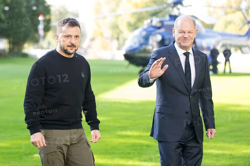 Volodymyr Zelensky (President of Ukraine) is received by Olaf Scholz (Chancellor of the Federal Republic of Germany) after his arrival by helicopter in front of the Federal Chancellery, 11 October 2024
