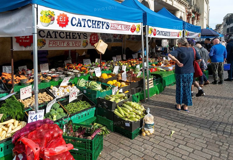 Catchey's fruit and vegetables market stall Ipswich, Suffolk, England, UK