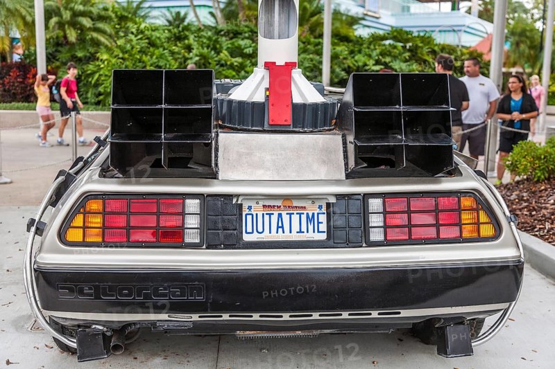 License plate on car from Back To The Future movies reads OUTATIME at Universal Studios theme park in Orlando, Florida, USA, North America