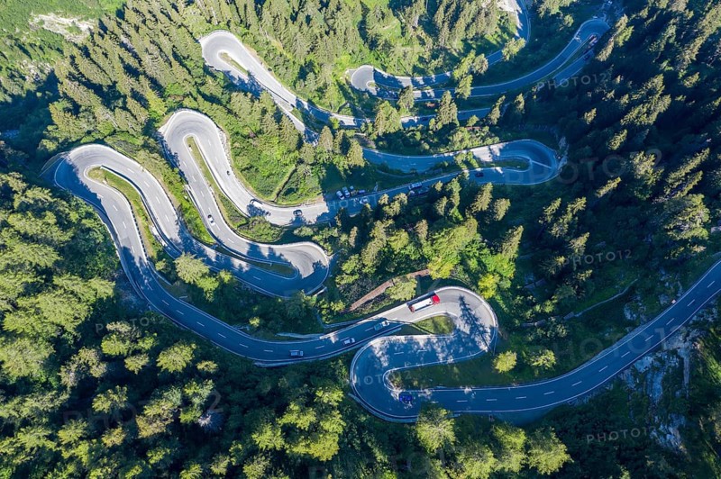 Curves of Majola mountain pass, drone shot, Switzerland, Europe