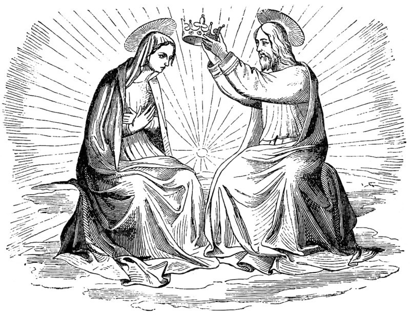 Coronation of the Blessed Virgin Mary, artist Fiesole, Middle Ages, sky, bright rays of light, crown, Jesus Christ, sitting, halo, historical illustration 1880