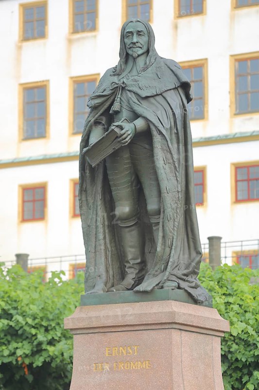 Monument to Duke Ernst I the Pious of Saxe-Gotha-Altenburg, sculpture with book and inscription, Gotha, Thuringia, Germany, Europe