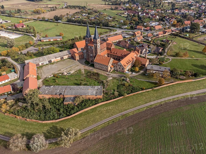 Aerial view of Jerichow monastery, located near the Elbe River, Saxony-Anhalt, Germany, Europe