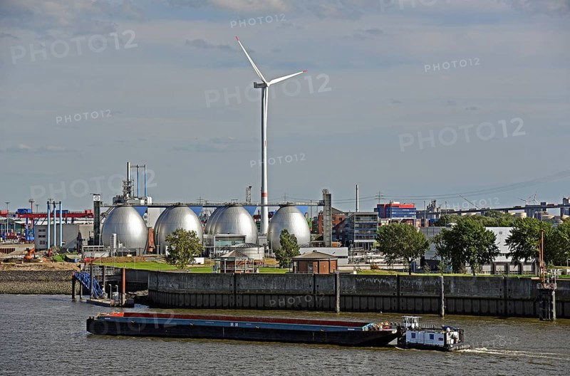 Europe, Germany, Hanseatic City of Hamburg, Elbe, harbour, view to the digesters, digesters, sewage treatment plant Hamburger Wasserwerke Köhlbrandhöft, wind energy plant, Europe