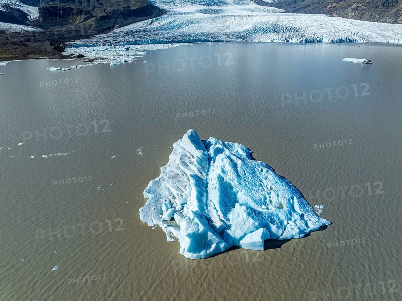 Aerial view over the glacial lake Fjallsárlón, glacier Fjallsjökull, part of Vatnajökull glacier, Iceland, Europe