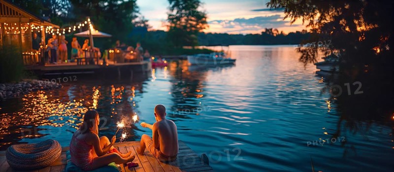 Families enjoing the holiday with outdoor fun and sparklers. generative AI, AI generated