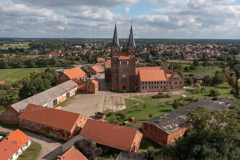 Jerichow Monastery, considered the oldest brick building in northern Germany, located on the Romanesque Road, collegiate church of St Mary and St Nicholas, former Premonstratensian canon monastery, photo taken with drone, Jerichow, Saxony-Anhalt, Germany, Europe