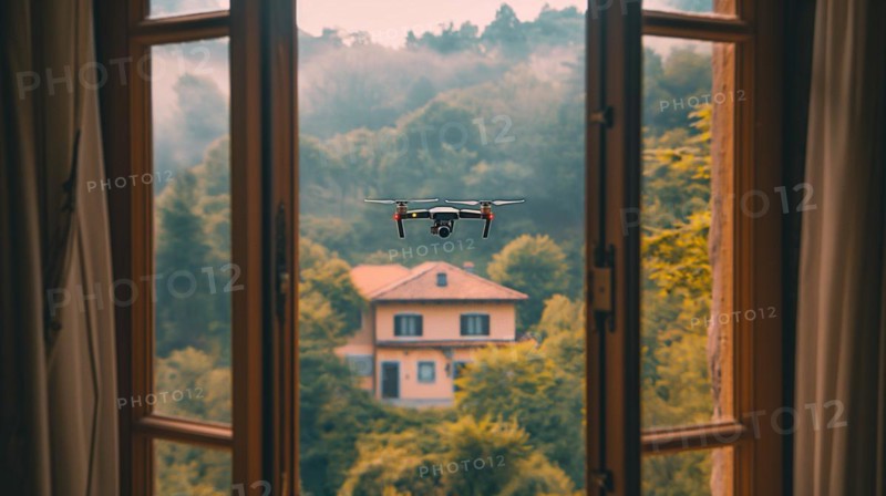 A UAV unmanned aircraft drone flying just outside the window of A house, AI generated