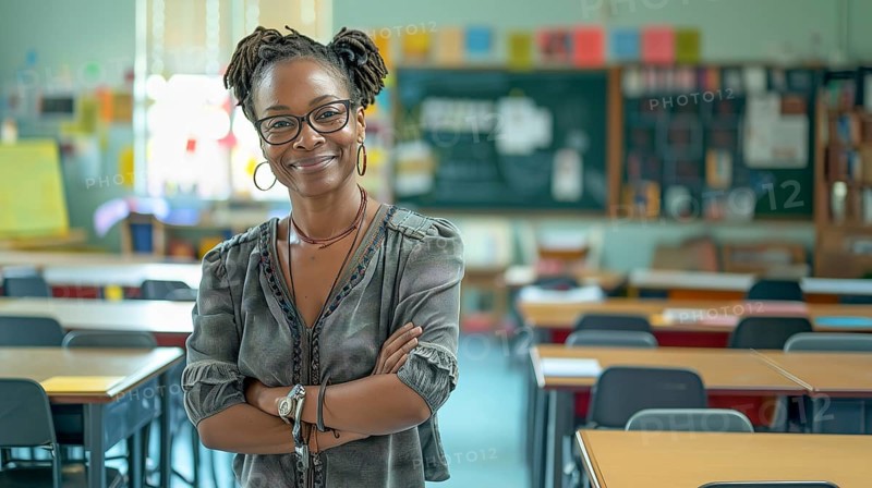 Proud smiling african american female teacher standing in her classroom. generative AI, AI generated