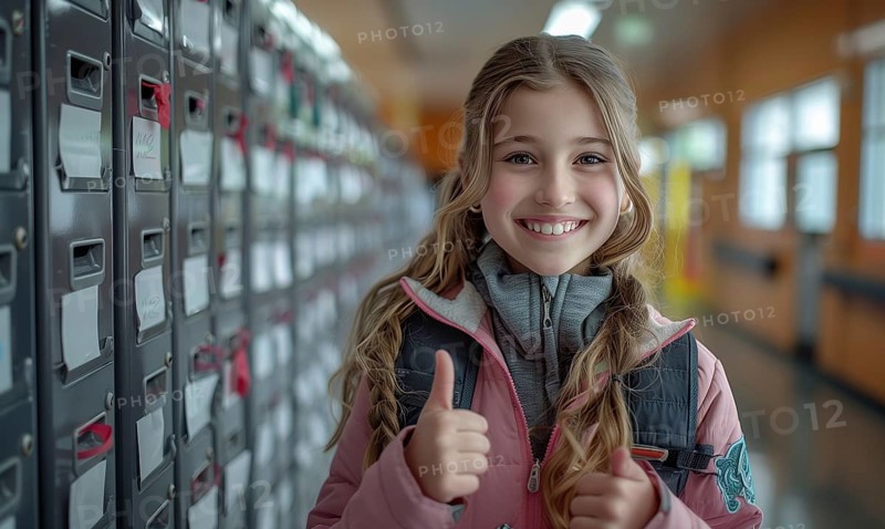 Cute caucasian school girl giving a thumbs up in the hallway of her school. generative AI, AI generated