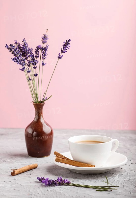 Purple lavender in ceramic jug and a cup of coffee on a gray and pink background. Morninig, spring, fashion composition. side view, close up, selective focus