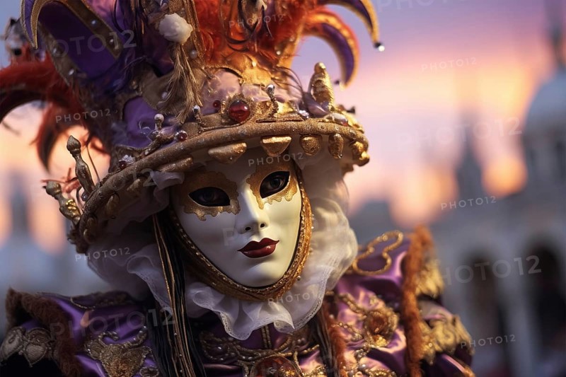 A person adorned in a richly detailed and colorful carnival costume, complete with an elaborate mask, participates in the iconic Venice Carnival, AI generated