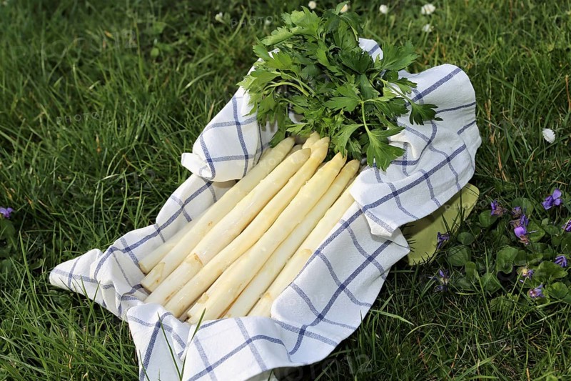 White asparagus decorated in a wooden crate