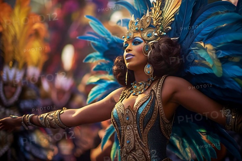 A dancer mascot adorned in a dazzling costume with feathers, immersed in the energetic atmosphere of the iconic Rio Carnival. The image captures the essence of celebration, color, and culture, AI generated