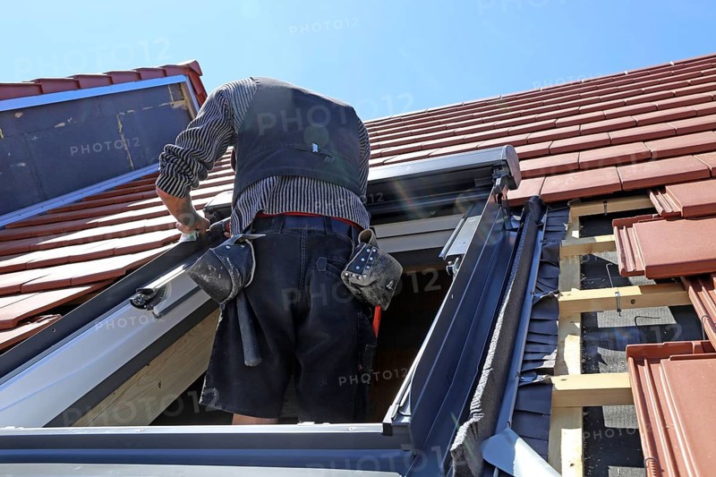 Employees of Zimmerei Mellein GmbH install the roof windows in the Mutterstadt development area, Rhineland-Palatinate