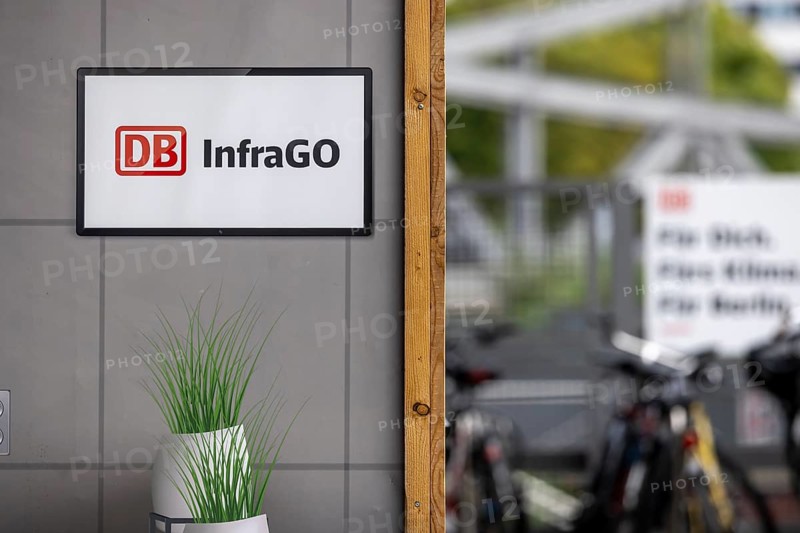 InfraGo. Logo of the infrastructure company of Bahn AG at Gesundbrunnen station in Berlin, Germany, Europe