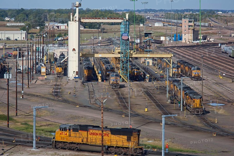 North Platte, Nebraska - The sand tower at Union Pacific Railroad's Bailey Yard, the largest rail yard in the world. The sand tower loads locomotives' sand tanks. Sand is used for traction when wheels slip. The yard handles 14, 000 rail cars every day. The yard's operations are visible from the the UP's eight-story Golden Spike Tower and visitor center.