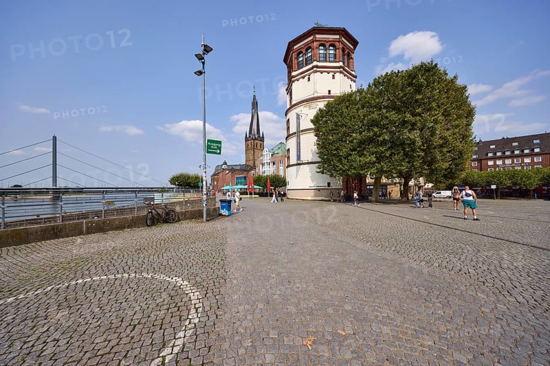 Maritime museum in the historic city palace, St Lambert's Basilica and the Rhine with the Rhine knee bridge in the old town of Düsseldorf, state capital, independent city, North Rhine-Westphalia, Germany, Europe