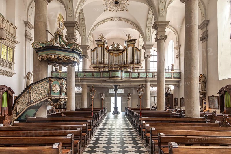 Interior with church organ of the Catholic Church of St Maximilian, Maxkirche, state capital Düsseldorf, North Rhine-Westphalia, Germany, Europe