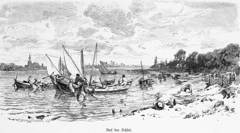 On the Schlei, Schleswig-Holstein, fjord, shore, fisherman, work, profession, fishing nets, sailing boats, baskets, fishing, Germany, historical illustration 1880, Europe