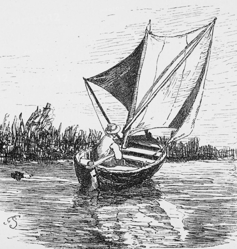 Sailing boat in the Blockland near Bremen, river, reed bank, leisure sport, man, tiller, calm, Germany, historical illustration 1880, Europe