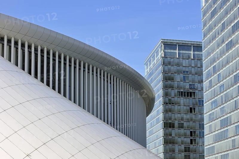 Office buildings of the European Parliament and the Grande-Duchesse Joséphine-Charlotte Concert Hall, Philharmonie Luxembourg at Kirchberg, Luxembourg, Europe