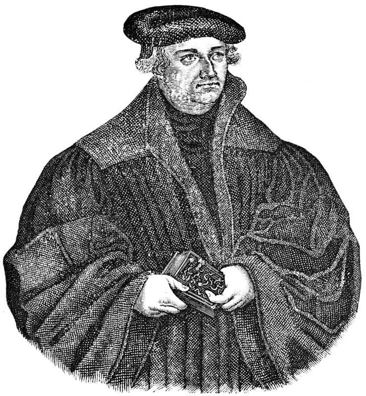 Justus Jonas the Elder (1493, 1555), theologian and reformer, author of hymns, provost of the castle church in Wittenberg, Bible, gown, portrait, historical illustration 1883