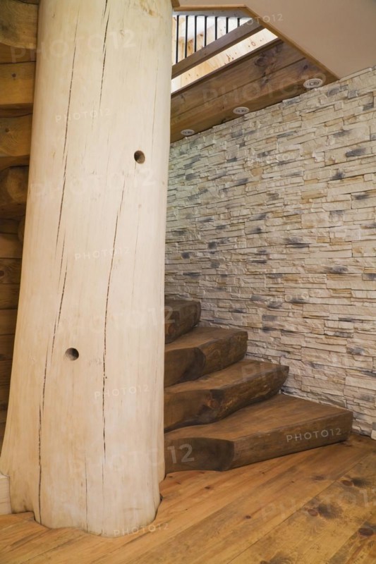 Twisting wooden staircase with brown stained half log steps attached to large bleached supporting central tree trunk post and tan natural stone wall in basement leading to ground floor inside handcrafted Eastern white pine Scandinavian log home, Quebec, Canada, North America