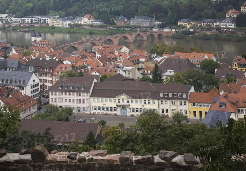 High angle view of old architectural style buildings with traditional terracotta ceramic tiled rooftops and Karl-Theodor Bridge over the Neckar river, Heidelberg, Germany, Europe