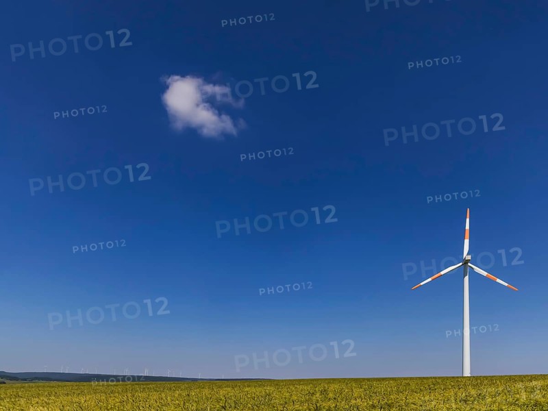 Wind turbine in an open field, a small cloud clouds the blue sky. Swabian Alb, Geislingen an der Steige, Baden-Württemberg, Germany, Europe
