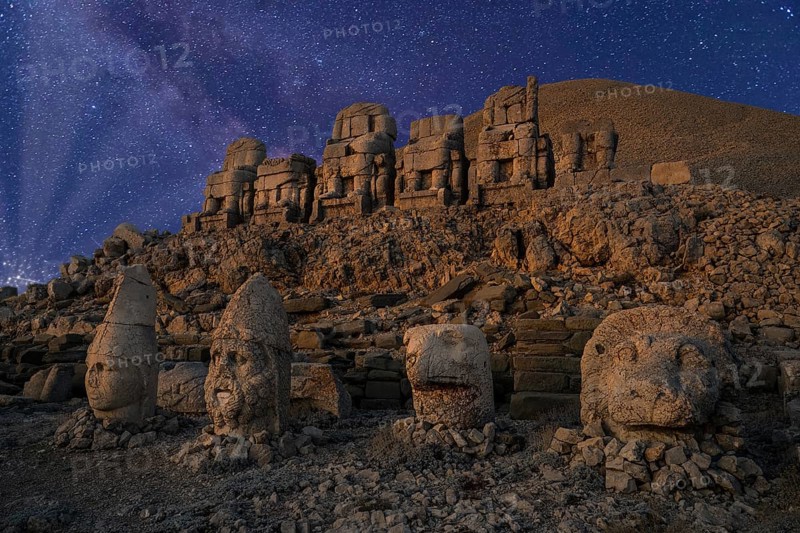 Mount Nemrut sanctuary, East terrace at night, Adiyaman province, Turkey, Asia