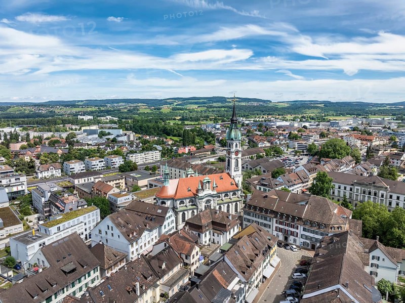 Aerial view, townscape, town centre, old town of Frauenfeld, with the town church of St. Nicholas, neo-baroque sacral architecture, Canton of Thurgau, Switzerland, Europe