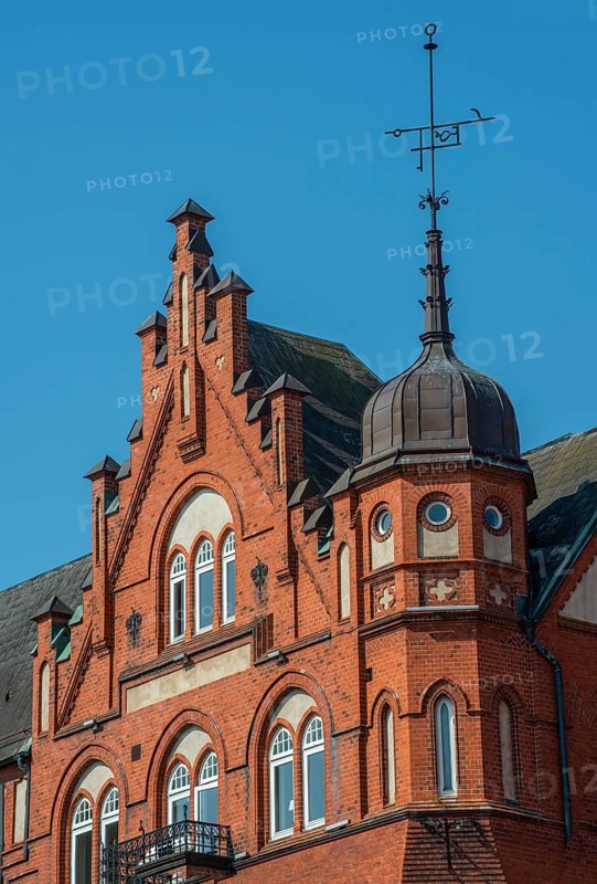 House with tower, gable and spire in brick architecture built in 1898 in Ystad, Skåne County, Sweden, Scandinavia, Europe