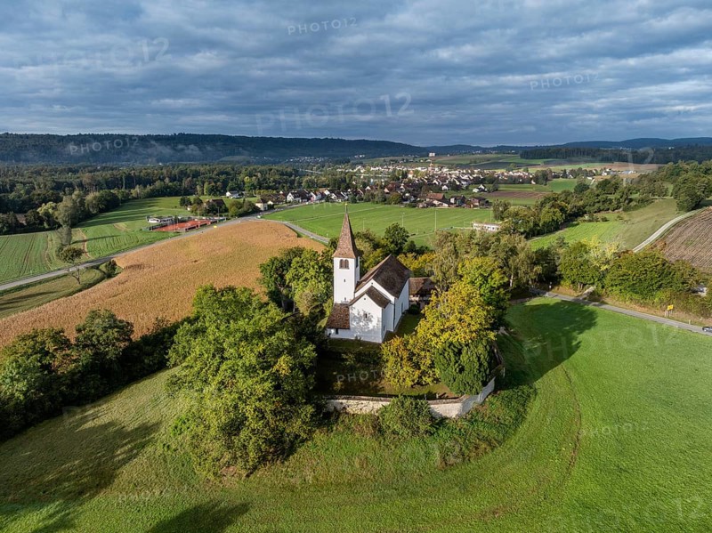 Aerial view of the Romanesque mountain church of St Michael near Büsingen am Hochrhein, district of Constance, Baden-Württemberg, Germany, Europe