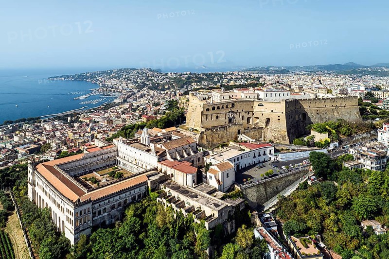Castel Sant'Elmo and Charterhouse and Museum of San Martino from a drone, Campania, Italy, Europe