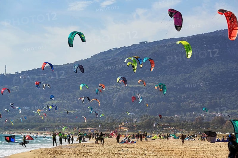 Coastline, countless kitesurfers, hotspot for surfers, Tarifa Beach, Tarifa, Cadiz, Costa de la Luz, Andalusia, Spain, Europe