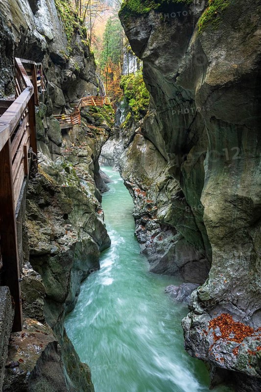 The river Lammer in the gorge Lammerklamm (Lammeröfen) . A path leads through the gorge on the left. Autumn. Scheffau, Lammertal, Salzburger Land, Upper Austria, Austria, Europe