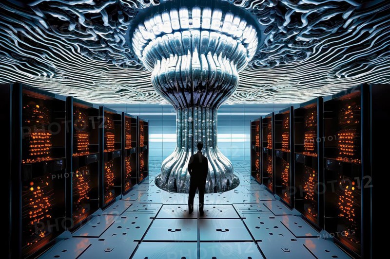Futuristic data center driven by an artificial intelligence alien brain, AI generated