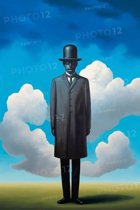 Surrealist representation of a man with black bowler hat, AI generated